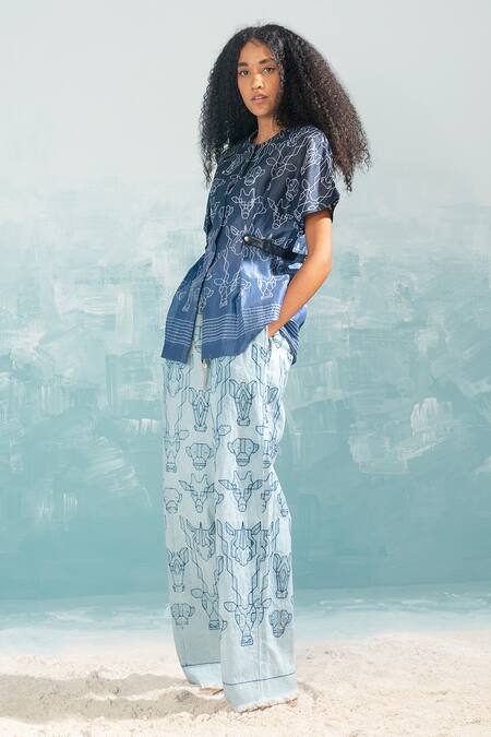 Buy_Ikai By Ragini Ahuja_Blue Chanderi, Cotton Embroidery Round Neck Nile Shibori Belted Top_Online_at_Aza_Fashions