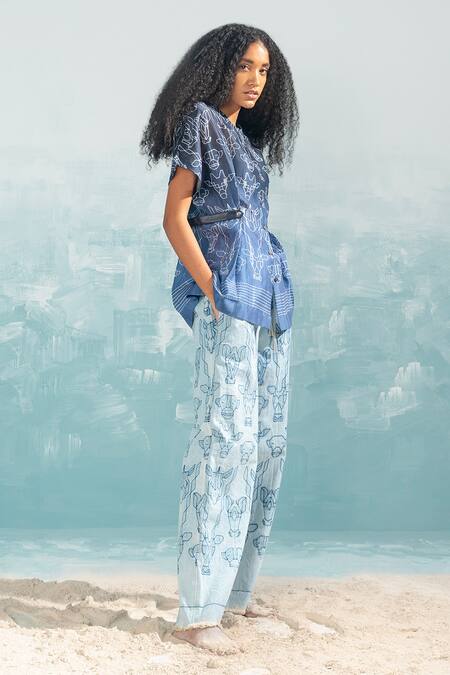 Shop_Ikai By Ragini Ahuja_Blue Denim Embroidery Nile Shibori_Online_at_Aza_Fashions
