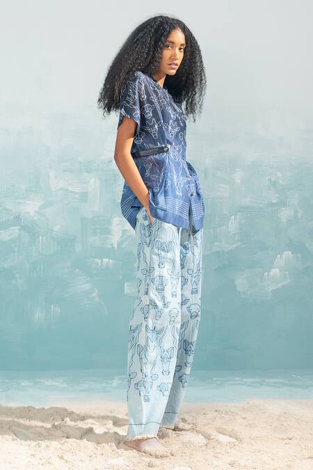 Shop_Ikai By Ragini Ahuja_Blue Chanderi, Cotton Embroidery Round Neck Nile Shibori Belted Top_Online_at_Aza_Fashions