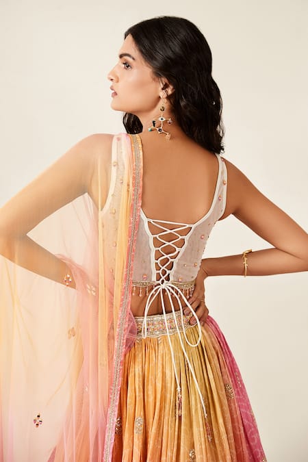 Basanti - Kapde Aur Koffee_Pink Chiffon, Net Embroidery, Cut Work, Ombre Effect Bandhani Print Lehenga Set _Online_at_Aza_Fashions