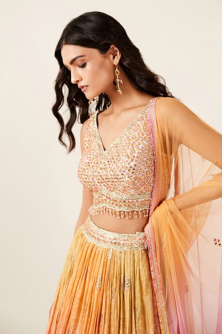 Shop_Basanti - Kapde Aur Koffee_Pink Chiffon, Net Embroidery, Cut Work, Ombre Effect Bandhani Print Lehenga Set _Online_at_Aza_Fashions
