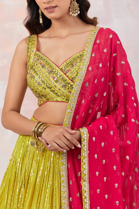 Basanti - Kapde Aur Koffee_Green Georgette, Cotton, Linen Sequins, Mirrors Stripe Embroidered Lehenga Set_Online_at_Aza_Fashions