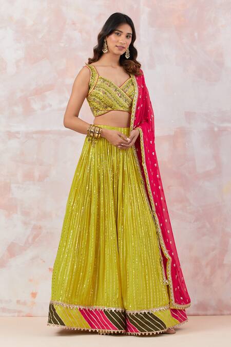 Buy_Basanti - Kapde Aur Koffee_Green Georgette, Cotton, Linen Sequins, Mirrors Stripe Embroidered Lehenga Set_Online_at_Aza_Fashions