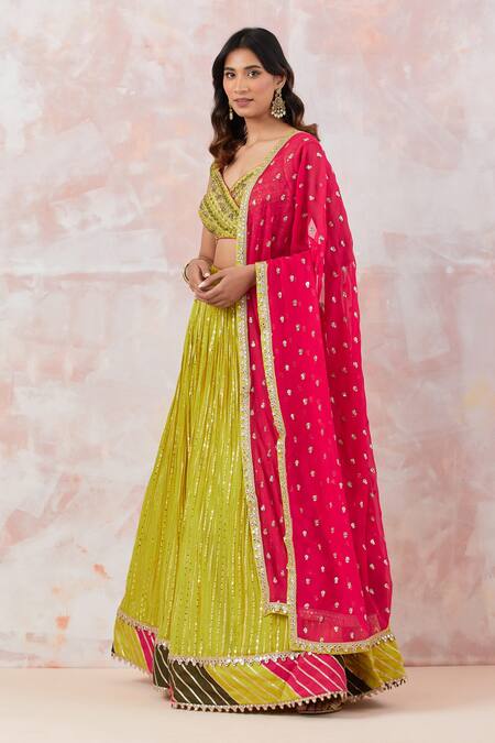 Shop_Basanti - Kapde Aur Koffee_Green Georgette, Cotton, Linen Sequins, Mirrors Stripe Embroidered Lehenga Set_Online_at_Aza_Fashions