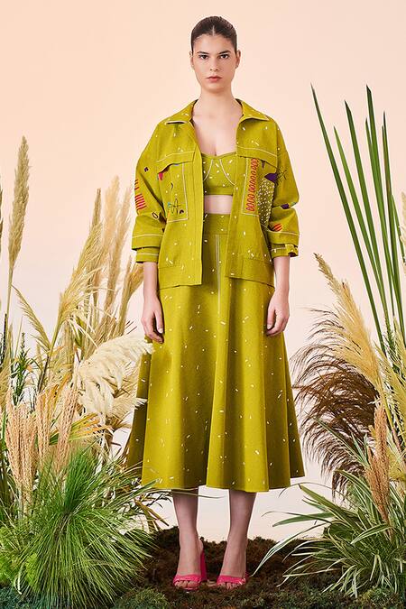 Shahin Mannan_Green Denim Abstract, Ostrich Spread Collar Shapes And Jacket_Online_at_Aza_Fashions
