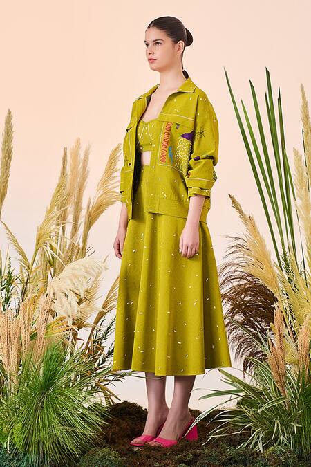 Buy_Shahin Mannan_Green Denim Abstract, Ostrich Spread Collar Shapes And Jacket_Online_at_Aza_Fashions