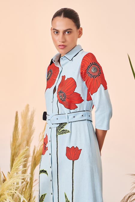 Shahin Mannan_Blue Thin Denim Poppy Shirt Collar Dress With Buckle Belt_Online_at_Aza_Fashions