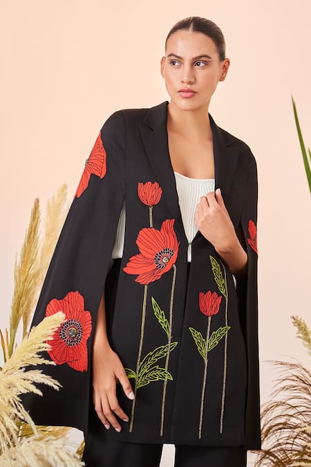 Shahin Mannan_Black Double Crepe Poppy Notched Collar Long Cape _Online_at_Aza_Fashions