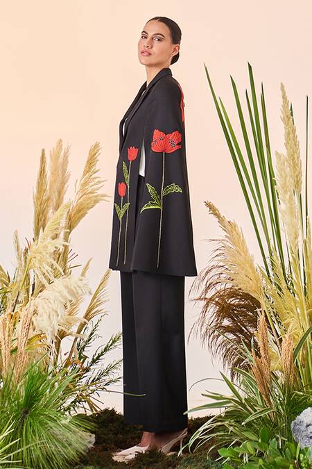 Buy_Shahin Mannan_Black Double Crepe Poppy Notched Collar Long Cape _Online_at_Aza_Fashions