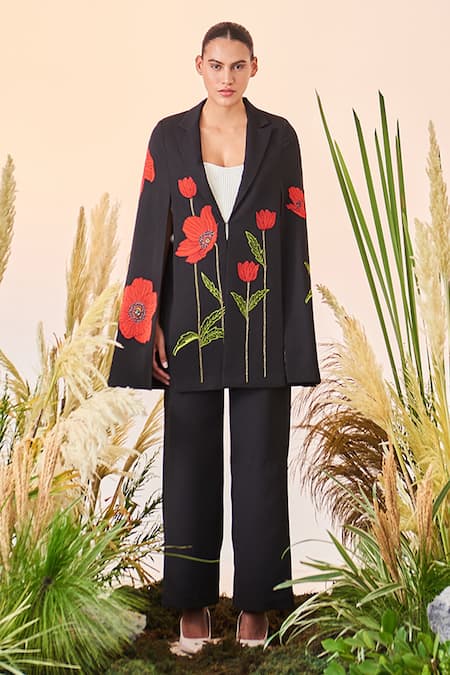 Shop_Shahin Mannan_Black Double Crepe Poppy Notched Collar Long Cape _Online_at_Aza_Fashions