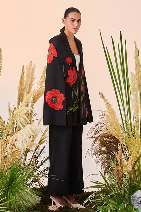Shahin Mannan_Black Double Crepe Poppy Notched Collar Long Cape _at_Aza_Fashions