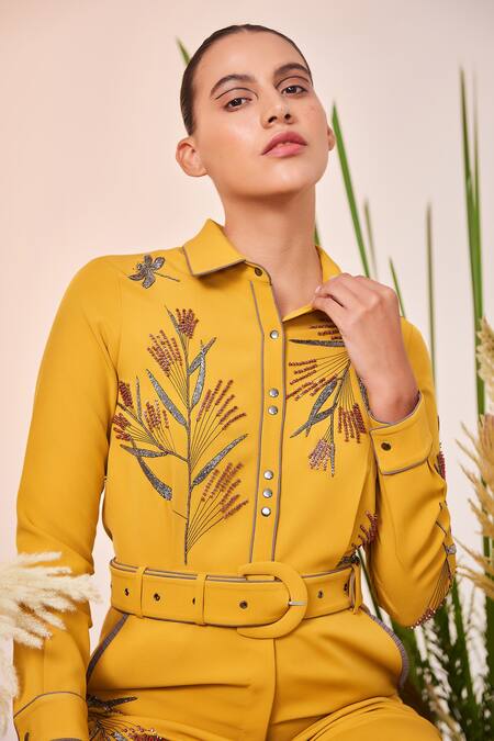 Shahin Mannan_Yellow Double Crepe Beads, Thread And Metallic Bolts Grass Wide Legged Jumpsuit _Online_at_Aza_Fashions