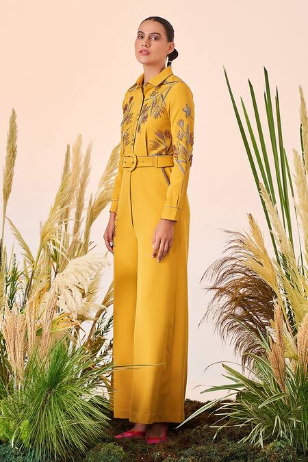Buy_Shahin Mannan_Yellow Double Crepe Beads, Thread And Metallic Bolts Grass Wide Legged Jumpsuit _Online_at_Aza_Fashions
