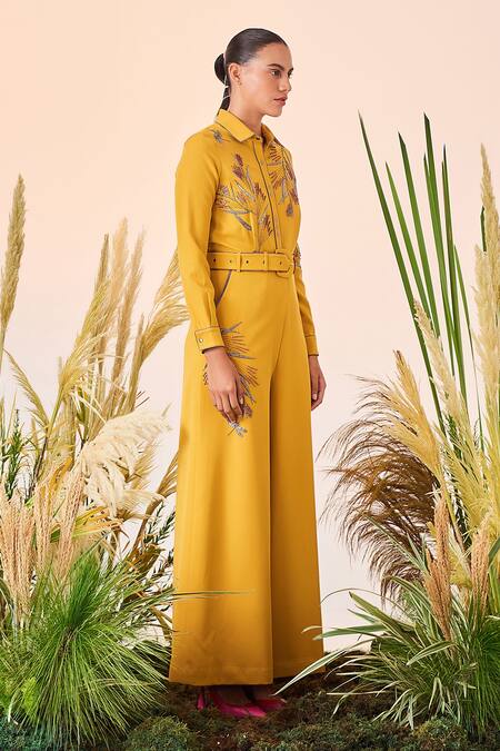 Shop_Shahin Mannan_Yellow Double Crepe Beads, Thread And Metallic Bolts Grass Wide Legged Jumpsuit _Online_at_Aza_Fashions