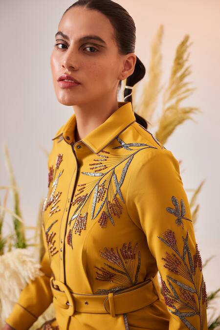 Shahin Mannan_Yellow Double Crepe Beads, Thread And Metallic Bolts Grass Wide Legged Jumpsuit _at_Aza_Fashions