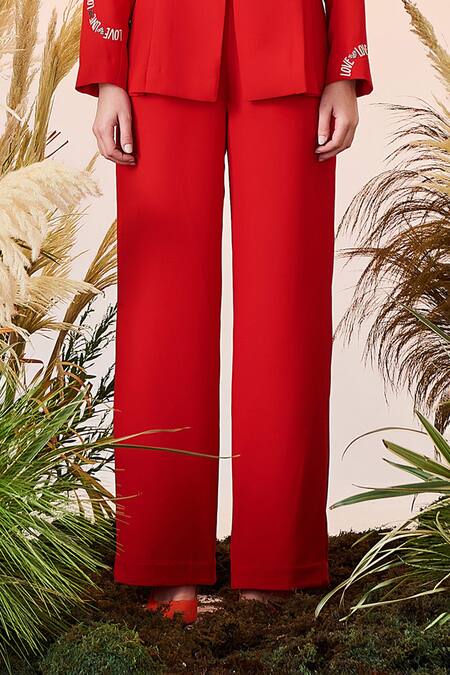 Shahin Mannan_Red Satin Crepe Straight Fit Pants_Online_at_Aza_Fashions