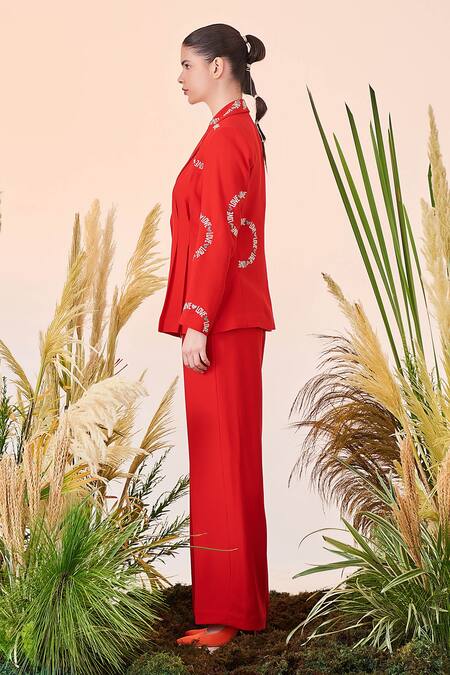 Buy_Shahin Mannan_Red Satin Crepe Straight Fit Pants_Online_at_Aza_Fashions