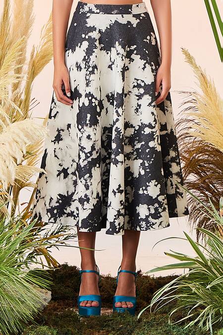 Shahin Mannan_Grey Thin Washed Denim Sequin And Beads, Postcard Crop Top And Circular Skirt Set_Online_at_Aza_Fashions