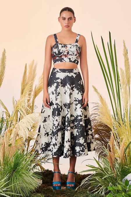 Buy_Shahin Mannan_Grey Thin Washed Denim Sequin And Beads, Postcard Crop Top And Circular Skirt Set_Online_at_Aza_Fashions