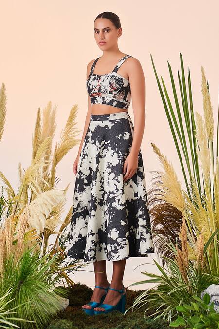 Shop_Shahin Mannan_Grey Thin Washed Denim Sequin And Beads, Postcard Crop Top And Circular Skirt Set_Online_at_Aza_Fashions