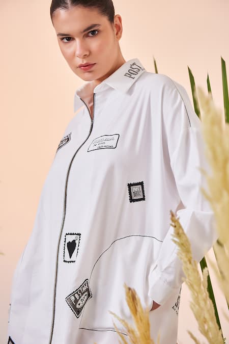 Shahin Mannan_White Self Stripe Cotton Thread And Beads Spread Collar Airmail Embroidered Dress _Online_at_Aza_Fashions