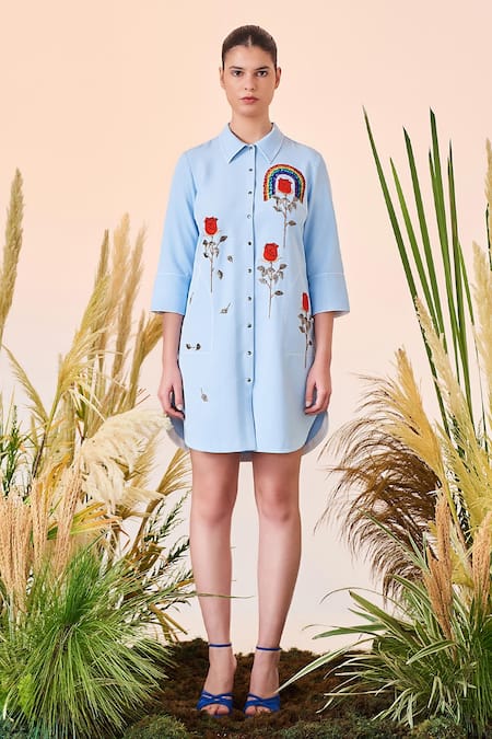 Buy_Shahin Mannan_Blue Double Crepe Sequin And Beads, Thread Spread Rose Embroidered Shirt Dress _Online_at_Aza_Fashions