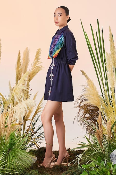 Shahin Mannan_Blue Self Stripe Poplin Thread And Sequin Spread Fly Over The Rainbow Parka Dress _Online_at_Aza_Fashions