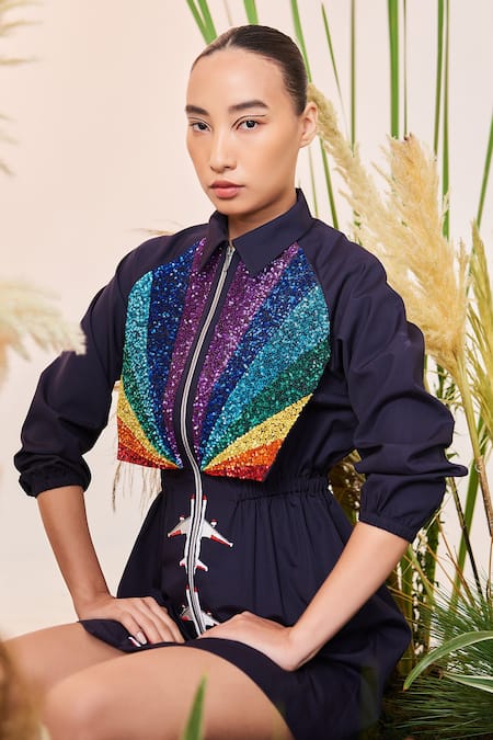 Buy_Shahin Mannan_Blue Self Stripe Poplin Thread And Sequin Spread Fly Over The Rainbow Parka Dress _Online_at_Aza_Fashions