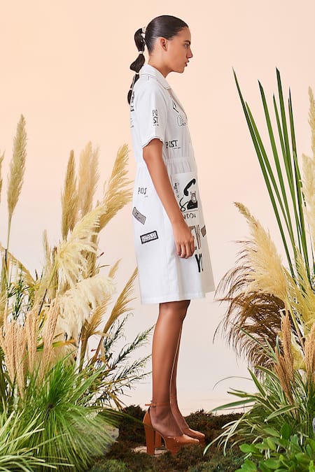 Buy_Shahin Mannan_White Self Stripe Cotton Thread And Beads Lapel Collar Airmail Summer Coat Dress _Online_at_Aza_Fashions