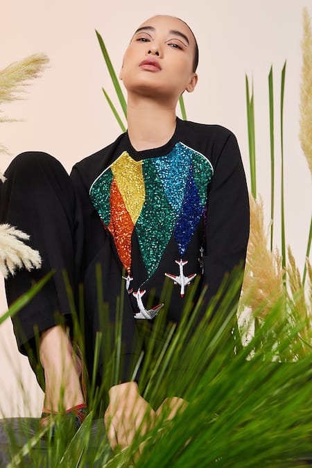 Shahin Mannan_Black Scuba Crepe Plane Motif Round Fly Over The Rainbow Raglan Sweatshirt _Online_at_Aza_Fashions