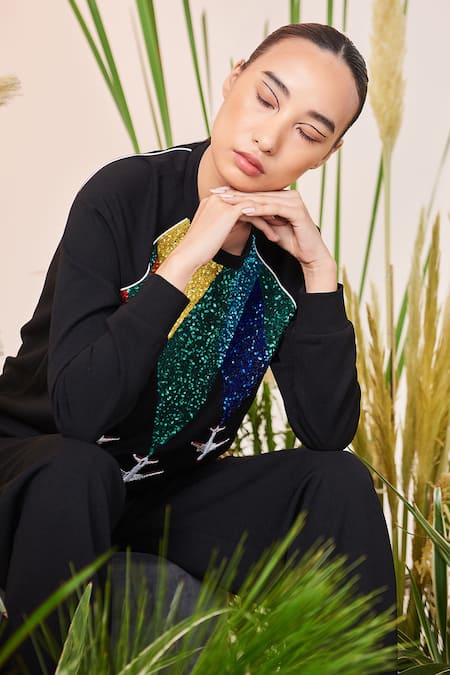 Shahin Mannan_Black Scuba Crepe Plane Motif Round Fly Over The Rainbow Sweatshirt And Pant Set_Online_at_Aza_Fashions