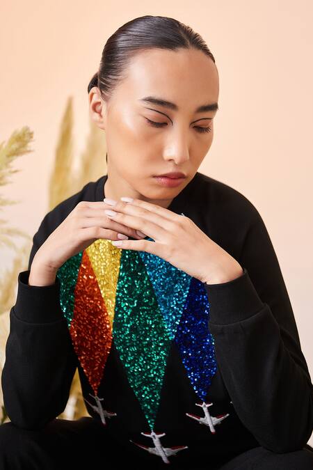 Buy_Shahin Mannan_Black Scuba Crepe Plane Motif Round Fly Over The Rainbow Sweatshirt And Pant Set_Online_at_Aza_Fashions