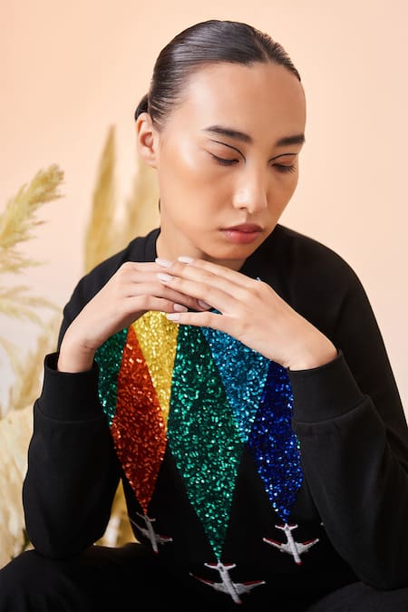 Buy_Shahin Mannan_Black Scuba Crepe Plane Motif Round Fly Over The Rainbow Raglan Sweatshirt _Online_at_Aza_Fashions
