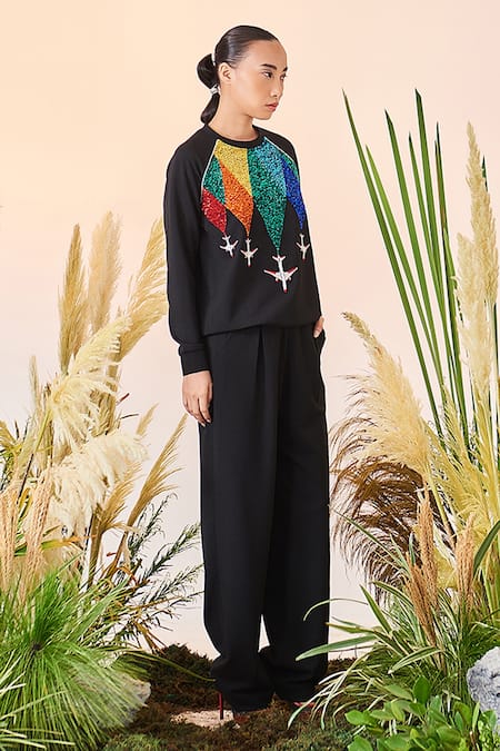 Shop_Shahin Mannan_Black Scuba Crepe Plane Motif Round Fly Over The Rainbow Sweatshirt And Pant Set_Online_at_Aza_Fashions