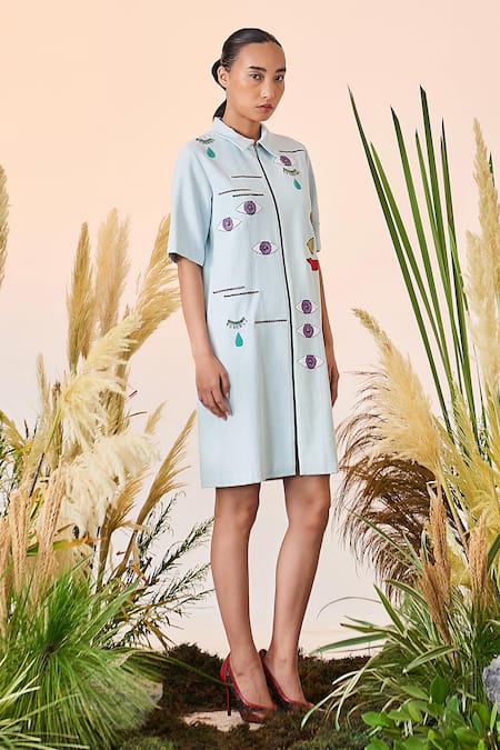 Shahin Mannan_Blue Thin Denim Facial Expression Collared Neck Shift Dress _Online_at_Aza_Fashions