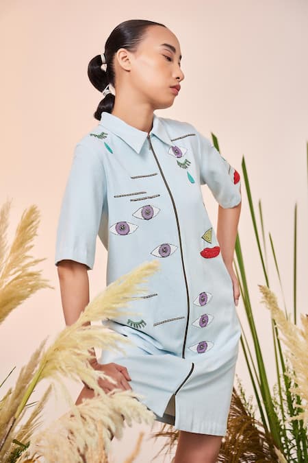 Buy_Shahin Mannan_Blue Thin Denim Facial Expression Collared Neck Shift Dress _Online_at_Aza_Fashions