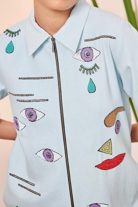 Shop_Shahin Mannan_Blue Thin Denim Facial Expression Collared Neck Shift Dress _Online_at_Aza_Fashions