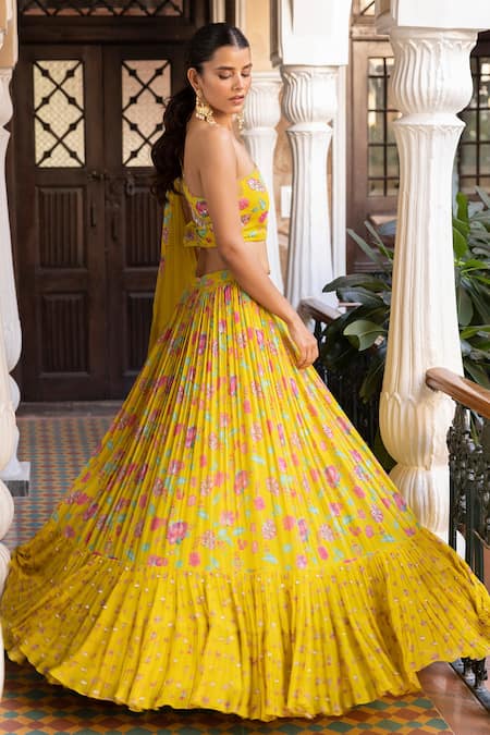 Shop_Basanti - Kapde Aur Koffee_Yellow Georgette, Net Sequins, Embroidery One Printed Blouse Lehenga Set_Online_at_Aza_Fashions