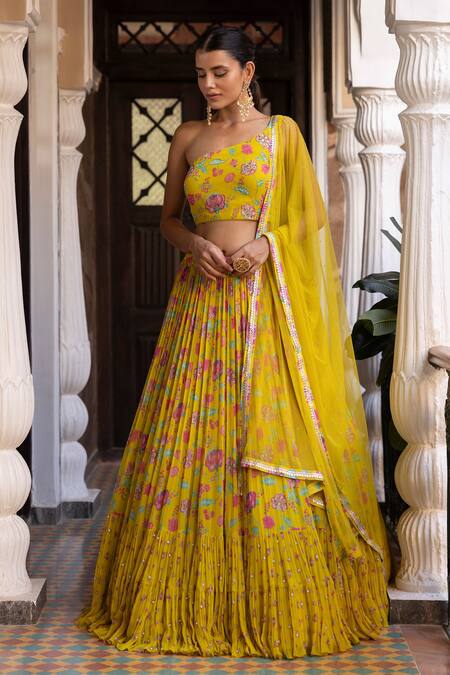 Basanti - Kapde Aur Koffee_Yellow Georgette, Net Sequins, Embroidery One Printed Blouse Lehenga Set_at_Aza_Fashions