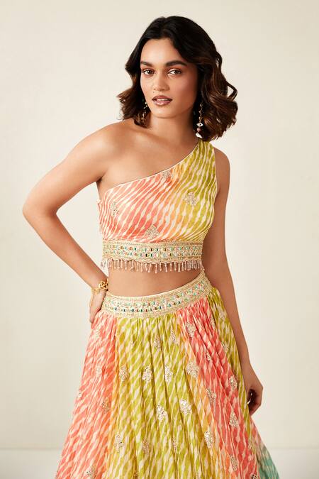 Buy_Basanti - Kapde Aur Koffee_Multi Color Net Cut Work, Mirrors, Embroidery Block Stripe Pattern Lehenga Set_Online_at_Aza_Fashions