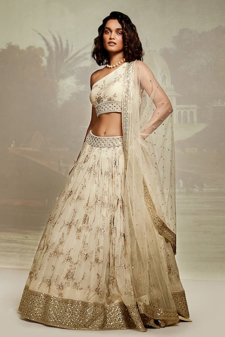 Buy_Basanti - Kapde Aur Koffee_Ivory Viscose, Organza Sequins, Pearls One Floral Zari Embroidered Lehenga Set _Online_at_Aza_Fashions