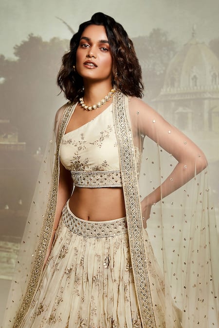Shop_Basanti - Kapde Aur Koffee_Ivory Viscose, Organza Sequins, Pearls One Floral Zari Embroidered Lehenga Set _Online_at_Aza_Fashions