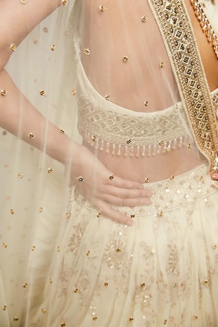 Basanti - Kapde Aur Koffee_Ivory Viscose, Organza Sequins, Pearls One Floral Zari Embroidered Lehenga Set _at_Aza_Fashions