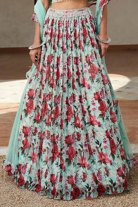 Basanti - Kapde Aur Koffee_Green Viscose, Organza Pearls, Sequins Floral And Leaf Print Lehenga Set _Online_at_Aza_Fashions