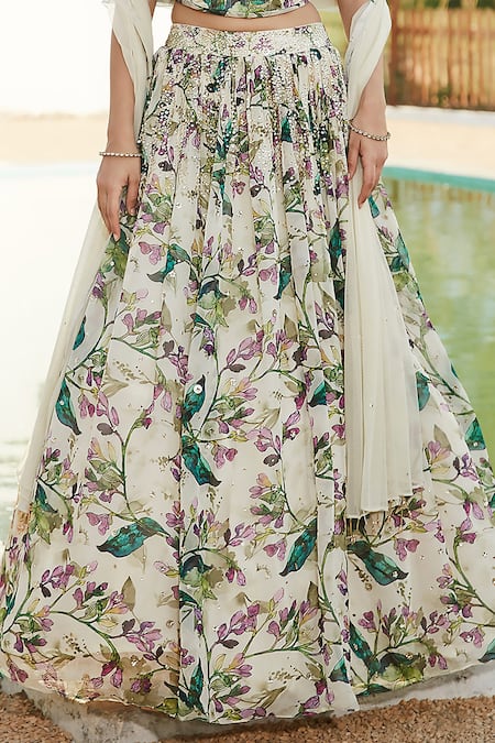 Basanti - Kapde Aur Koffee Ivory Viscose, Organza Stones, Embroidery Botanical Print Lehenga Blouse Set Online at Aza Fashions Basanti - Kapde Aur Koffee_Ivory Viscose, Organza Stones, Embroidery Botanical Print Lehenga Blouse Set _Online_at_Aza_Fashions