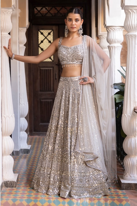 Shop_Basanti - Kapde Aur Koffee_Ivory Georgette, Net Sequins, Embroidery, Cut Work Sweetheart Lehenga Blouse Set _Online_at_Aza_Fashions