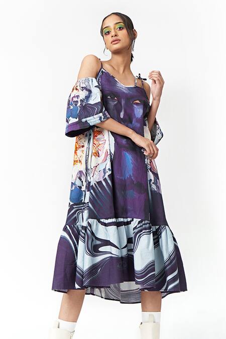 Two Point Two_Blue Cotton, Poplin V-neck Michi Printed Cold Shoulder Dress _Online_at_Aza_Fashions
