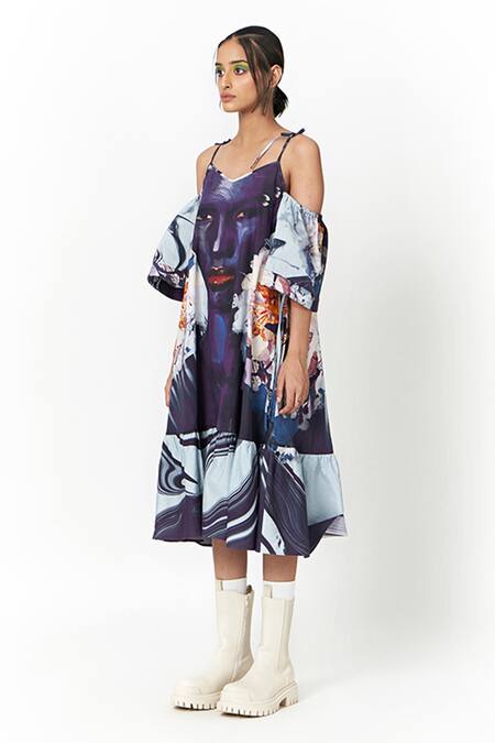 Buy_Two Point Two_Blue Cotton, Poplin V-neck Michi Printed Cold Shoulder Dress _Online_at_Aza_Fashions