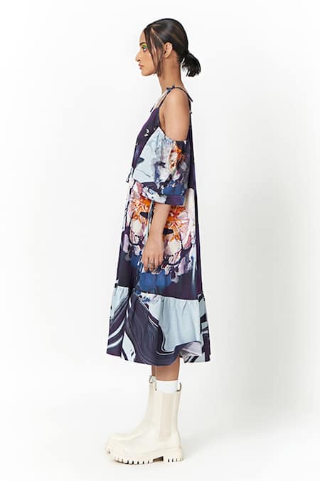 Shop_Two Point Two_Blue Cotton, Poplin V-neck Michi Printed Cold Shoulder Dress _Online_at_Aza_Fashions