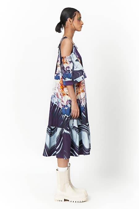 Two Point Two_Blue Cotton, Poplin V-neck Michi Printed Cold Shoulder Dress _at_Aza_Fashions